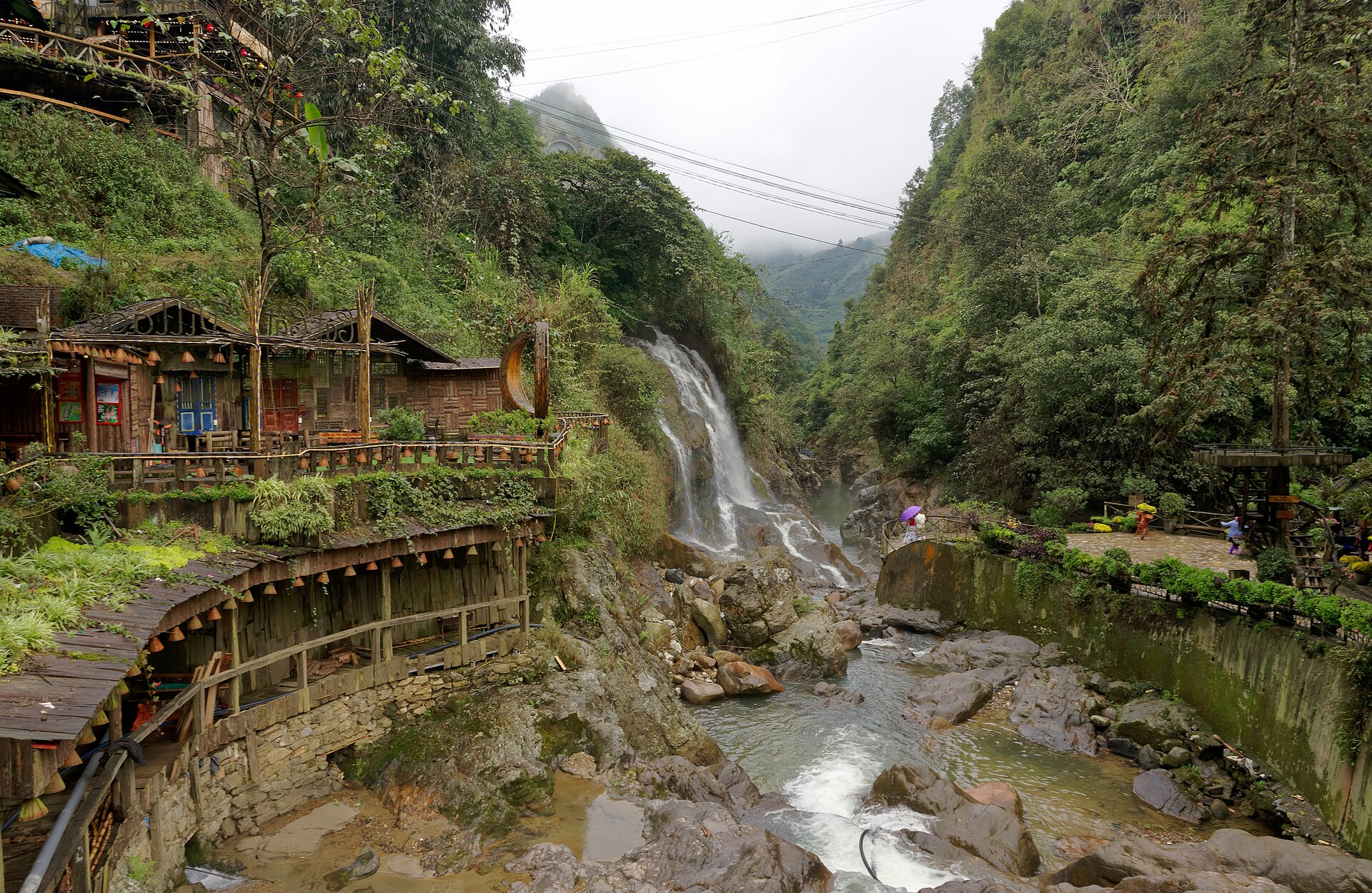 Waterwheels and a waterfall at Cát Cát Village near Sa Pa